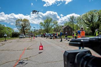 A drone lifts a payload during a test launch on the former campus of Saint Paul’s College. Photo courtesy DroneUp