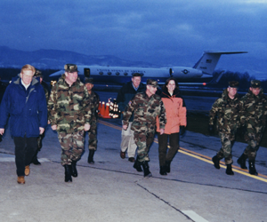 In 2001, Novakovic was in Bosnia taking part in high-level defense talks. At the time, she served as the special assistant to Deputy Secretary of Defense Rudy de Leon (far left), who is now a General Dynamics board member. With them on the trip was future Secretary of Defense James Mattis (second from right), who also now serves on the company's board.