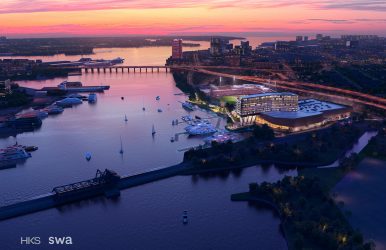Virginia’s Pamunkey Indian Tribe is developing the $500 million HeadWaters Resort & Casino alongside Harbor Park, overlooking the Elizabeth River. Rendering courtesy HeadWaters Resort & Casino
