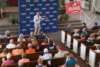 GOP gubernatorial candidate Glenn Youngkin addresses his supporters during an Aug. 26 rally at CommUNITY Church in Salem. Photo by Natalee Waters