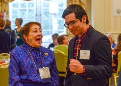 Irene Rodgers chats in 2018 with Matt Tovar, who earned a bachelor's degree in biochemistry from Mary Washington in 2019 and received the Irene Piscopo Rodgers and James D. Rodgers Student Research Fellowship. He's set to graduate in 2023 from the George Washington University School of Medicine & Health Sciences.