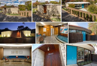 A collage of shots of a round building built in the 1950s.